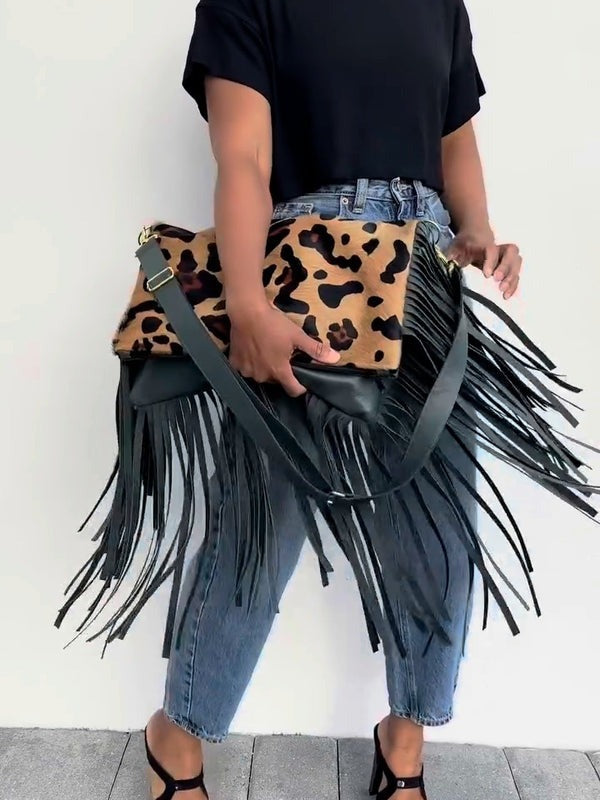 Leopard Print Fringe Crossbody Bag