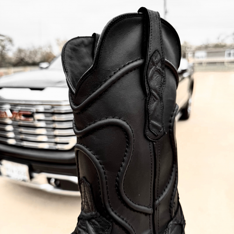 Matte Black Pirarucu Leather Boots - Square Toe