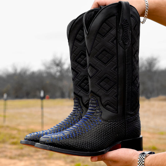 Blue & Black Python Leather Boots - Square Toe