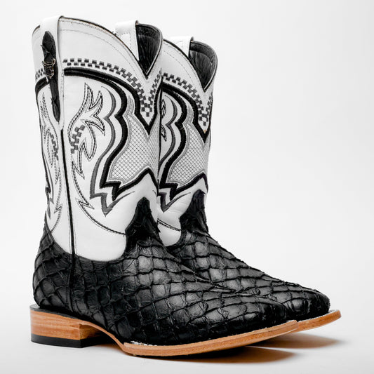 Black Mini Pirarucu Leather Boots - Square Toe