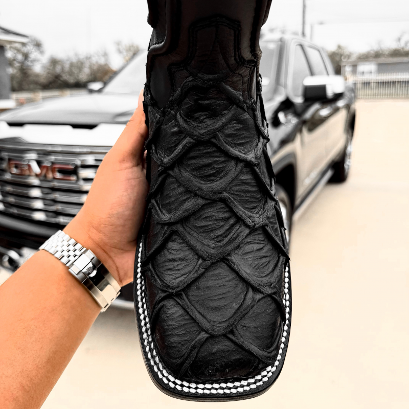 Matte Black Pirarucu Leather Boots - Square Toe