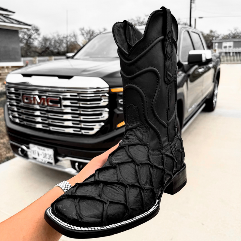 Matte Black Pirarucu Leather Boots - Square Toe