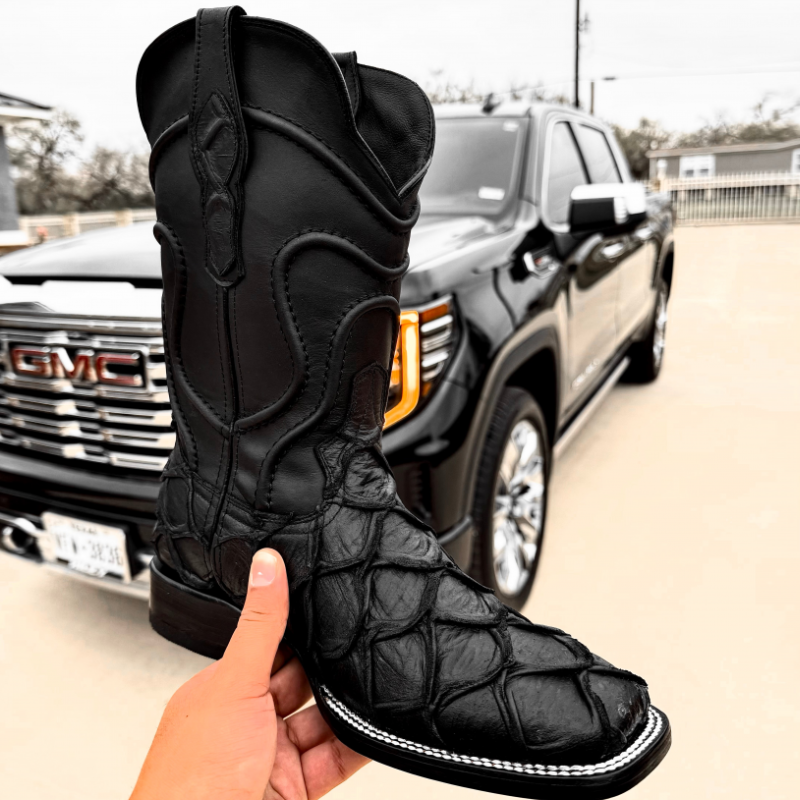 Matte Black Pirarucu Leather Boots - Square Toe