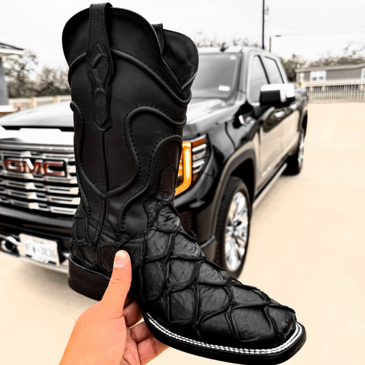 Matte Black Pirarucu Leather Boots - Square Toe